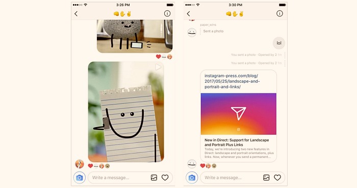 Instagram updated “Direct Messages” to support different Photo orientations and Links